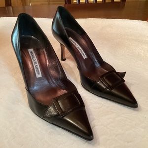 Manolo Blahnik Black Leather Buckle Heel 37